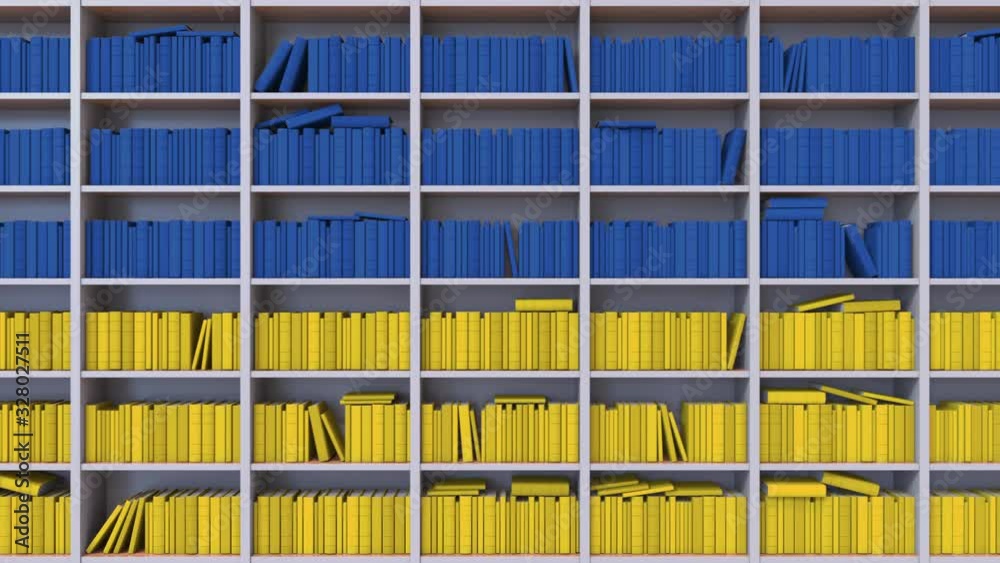 Spines of books compose flag of Ukraine. Ukrainian culture or science