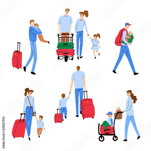 Vector olorful set with illustrations of people walking children and luggage