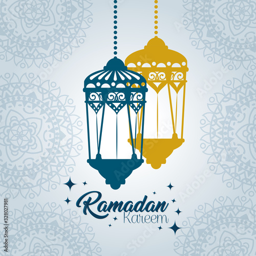 ramadan kareem poster with lanterns hanging vector illustration design
