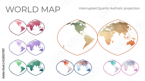 Low Poly World Map Set. Quartic authalic projection interrupted into two hemispheres. Collection of the world maps in geometric style. Vector illustration.