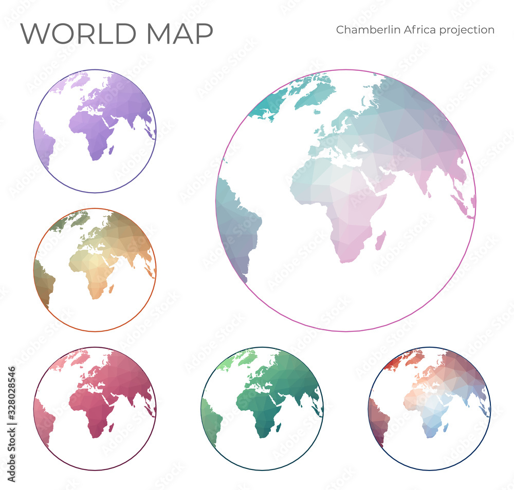 Low Poly World Map Set. Chamberlin projection for Africa projection. Collection of the world maps in geometric style. Vector illustration.