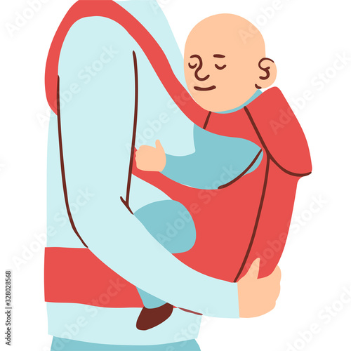 Vector colorful illustration of little baby in an ergo backpack or babycarrier isolated on white background