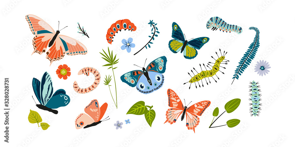 Set spring and summer colorful butterflies and caterpillar. Different cute silhouettes on white background. For festive card, logo, children, pattern, tattoo, decorative, concept. Vector illustration