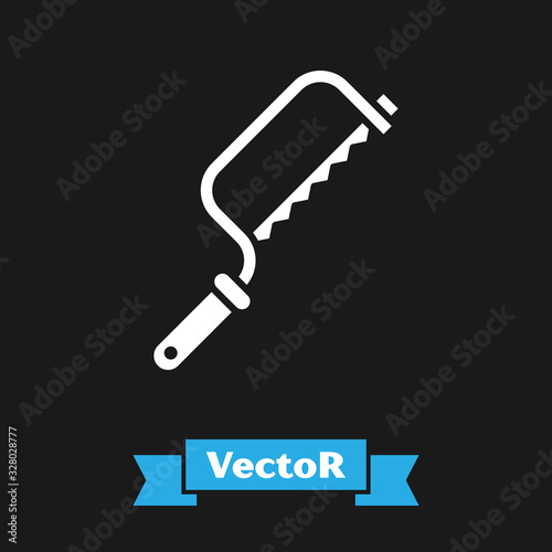 White Hacksaw icon isolated on black background. Metal saw for wood and metal. Vector Illustration