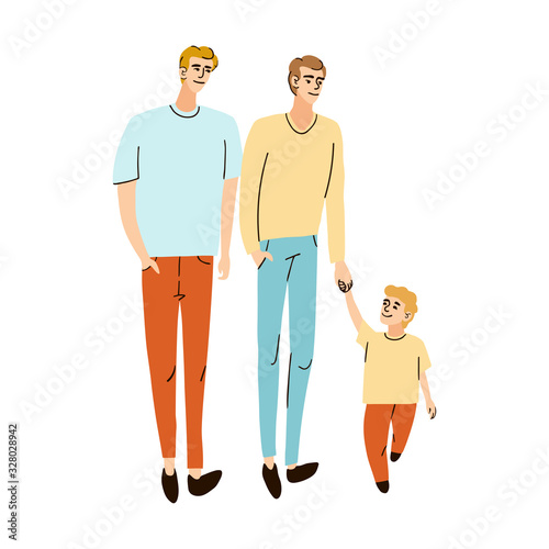 Vector colorful illustration of a young family, two dads and son together walking on the street
