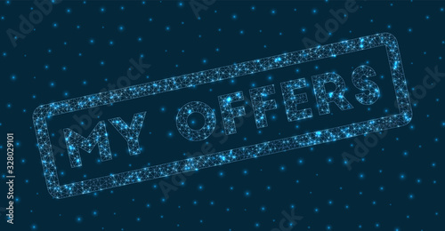 My offers word in digital style. Glowing geometric my offers badge. Creative vector illustration.