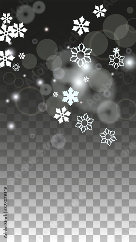 Christmas  Vector Background with White Falling Snowflakes Isolated on Transparent Background. Realistic Snow Sparkle Pattern. Snowfall Overlay Print. Winter Sky. Design for Party Invitation.