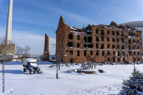 Volgograd. Russia-February 17, 2017. museum complex in Volgograd. The destroyed Gergardt mill and a copy of the monument-fountain 