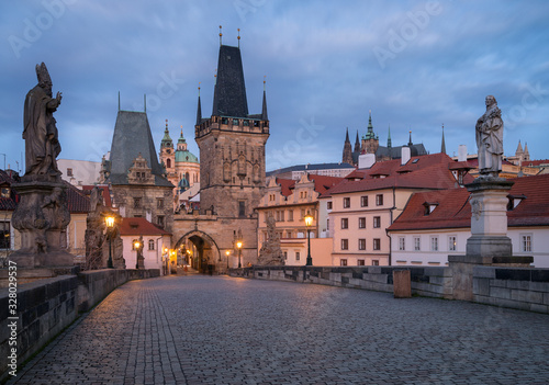 Morning view at Hradcany Castle from Charles Bridge in Prague