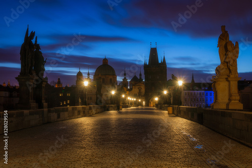 Charles Bridge in calm, foggy morning