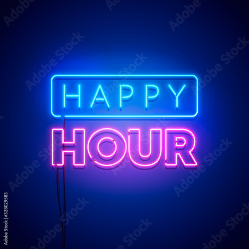 Obraz na plátně Vector illustration abstract happy hour neon signboard on dark background
