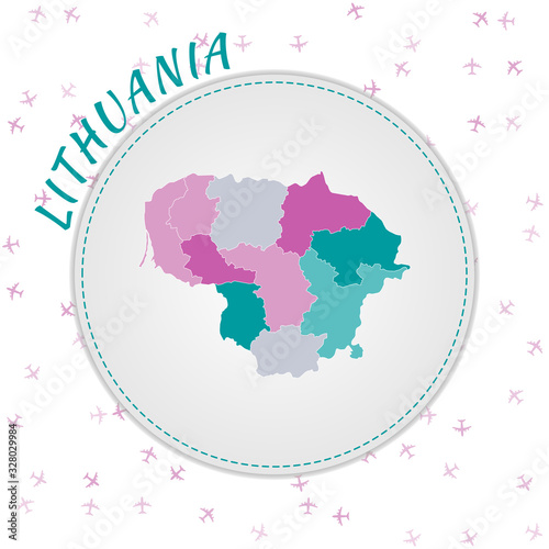 Lithuania map design. Map of the country with regions in emerald-amethyst color palette. Rounded travel to Lithuania poster with country name and airplanes background. Creative vector illustration.