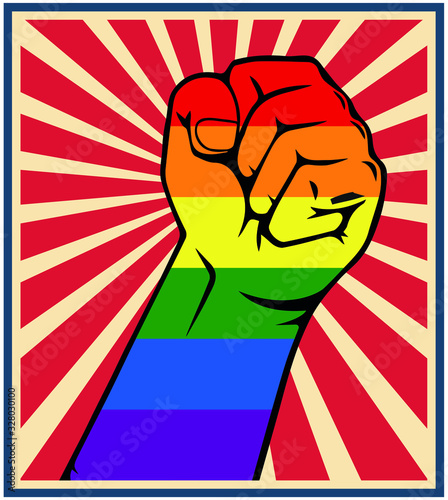 Rainbow colored hand with a fist raised up. Gay Pride. LGBT concept. Realistic style vector colorful illustration. Sticker, patch, t-shirt print, logo design.