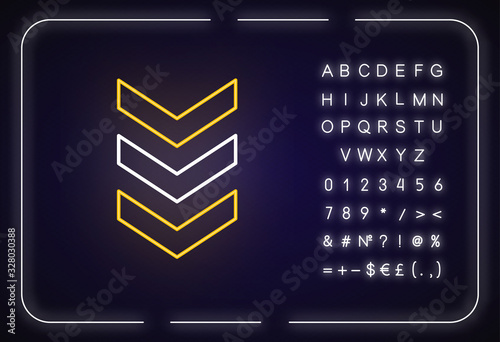 Three down arrows neon light icon. Vertical scrolling button. Downloading process indicator. Outer glowing effect. Sign with alphabet, numbers and symbols. Vector isolated RGB color illustration