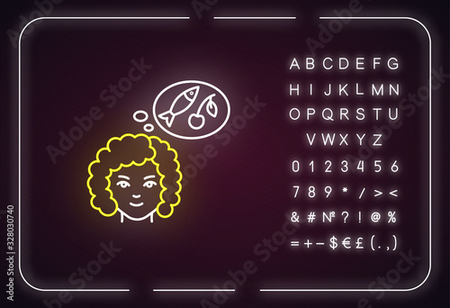 Food craving black glyph icon. Woman on healthy diet. Lady with appetite. Early pregnancy symptom. Outer glowing effect. Sign with alphabet, numbers and symbols. Vector isolated RGB color illustration