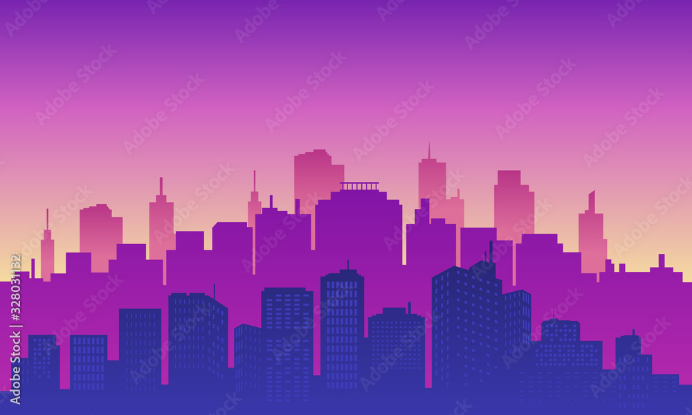 Silhouette of the city with purple sky gradient. Silhouette of the city with purple sky gradient.