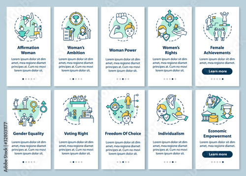 Feminism onboarding mobile app page screen with concepts set. Women empowerment, gender equality walkthrough 5 steps graphic instructions. UI vector template with RGB color illustrations