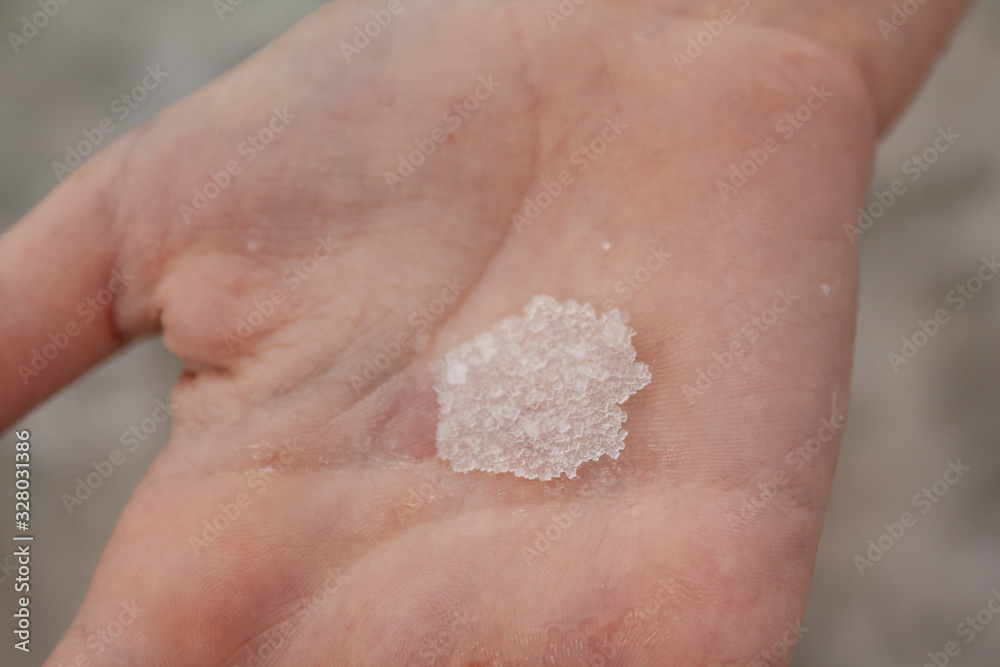 Fototapeta premium crystals of wet salt near the shore of the pond held in the palm of hand