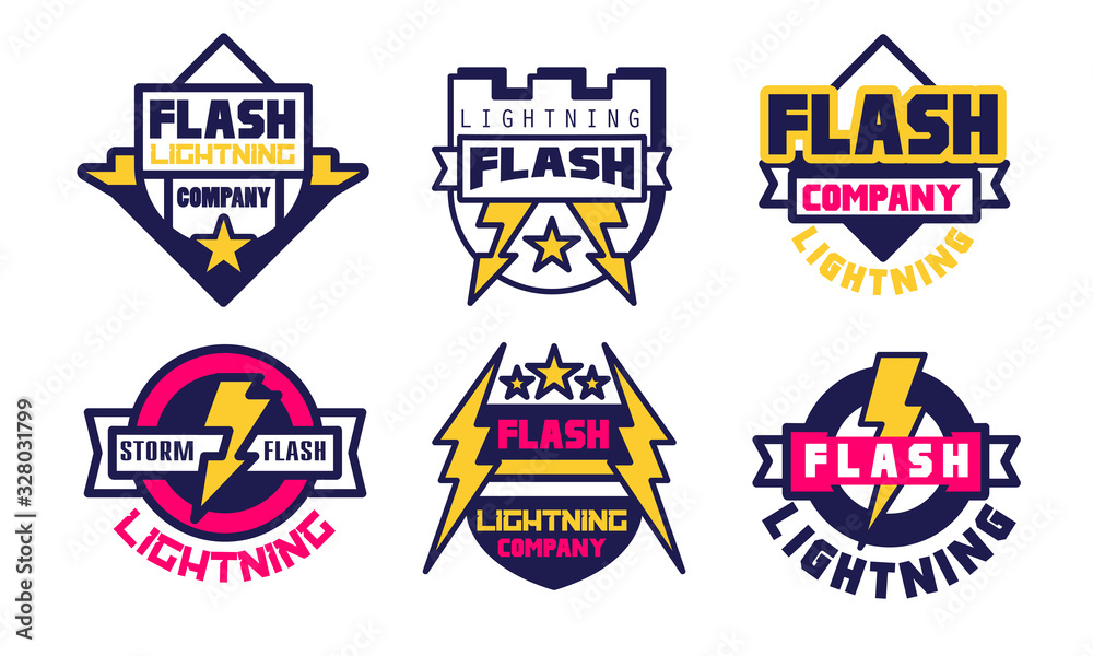 Flash Lightning Logo Templates Collection, Energy Company Bright Badges Vector Illustration on White Background