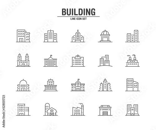 Building and Real Estate line icons. Vector illustration pixel perfect on white background.