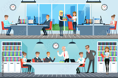Fototapeta Naklejka Na Ścianę i Meble -  Modern Office Interior with Working People, Business Meeting, Empoyees Sitting at Desks Working with Computers and Documents Vector Illustration
