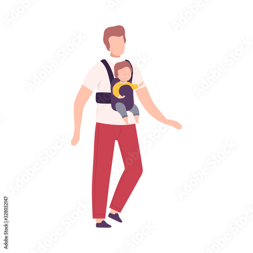 Father Walking with His Little Daughter, Young Man Carrying Baby in Sling Flat Vector Illustration