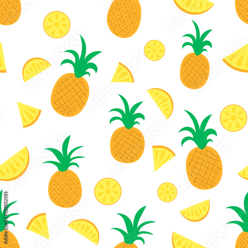 Seamless pattern with the image of slices of pineapple. Flat vector illustration isolated on white background.