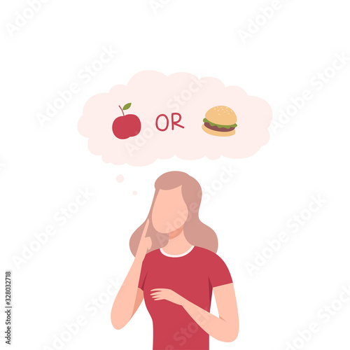 Girl Trying to Make Decision, Apple or Burger, Woman hoosing Between Healthy and Unhealthy Food Flat Vector Illustration