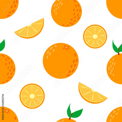 Seamless pattern with the image of slices of orange. Flat vector illustration isolated on white background.