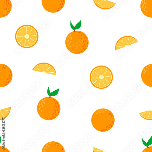 Seamless pattern with the image of slices of orange. Flat vector illustration isolated on white background.