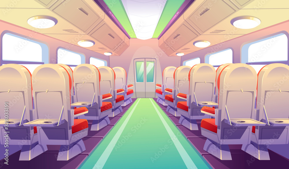 Empty bus, train or airplane interior with chairs and folding back seat tables. Vector cartoon cabin of passenger carriage transport with comfortable seats and foldable tray desk Stock Vector | Adobe Stock Empty bus, train or airplane interior with chairs and folding back seat tables. Vector cartoon cabin of passenger carriage transport with comfortable seats and foldable tray desk Stock Vector | Adobe Stock