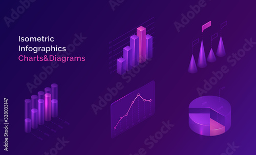 Isometric infographics charts and diagrams, 3d data analysis columns, infographic vector elements, financial information datum statistic. Template for business presentation, report or web site design