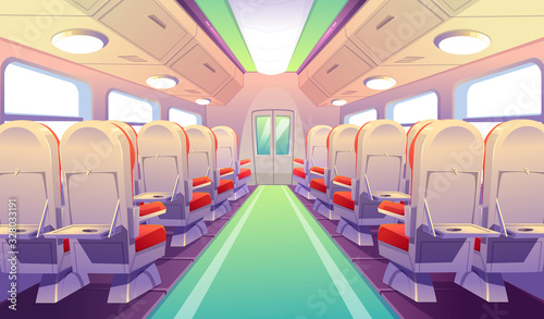 Empty bus, train or airplane interior with chairs and folding back seat tables. Vector cartoon cabin of passenger carriage transport with comfortable seats and foldable tray desk