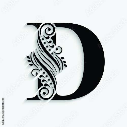 letter D. Black flower alphabet.  Beautiful capital letter with shadow