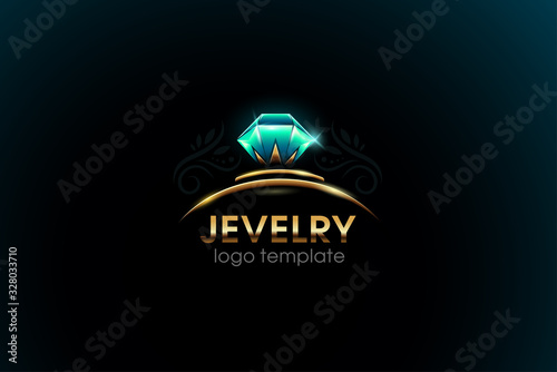 Vector jewelry logo design template. Circle ring with green stone, crystal. Wedding ring