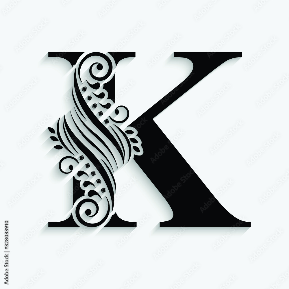 letter K. Black flower alphabet. Beautiful capital letter with ...