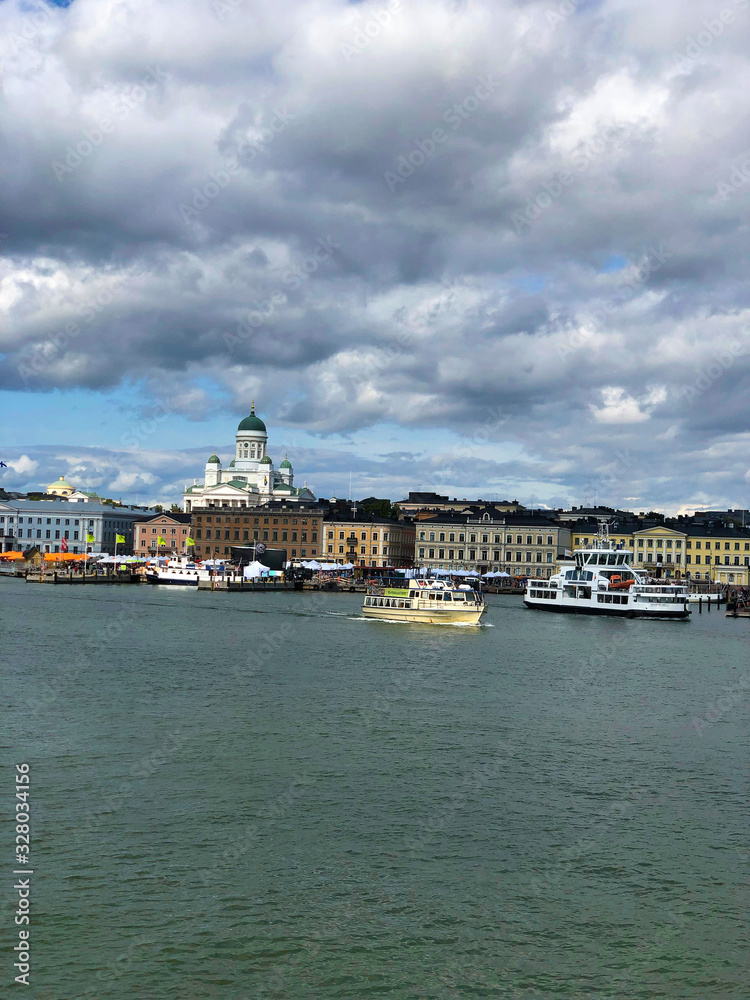 Market Square and Helsinki Cathedral Seen from the Sea at Helsinki in Finland