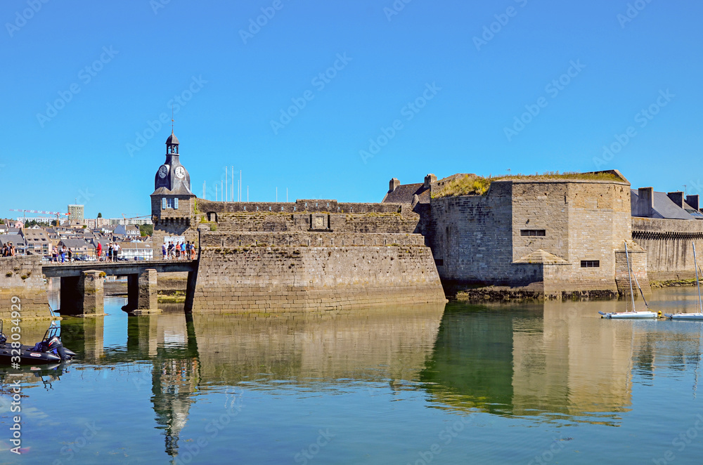 Concarneau's Harbour and its Medieval part Ville Close which is a walled town on a long island in the centre of the harbour. Brittany, France