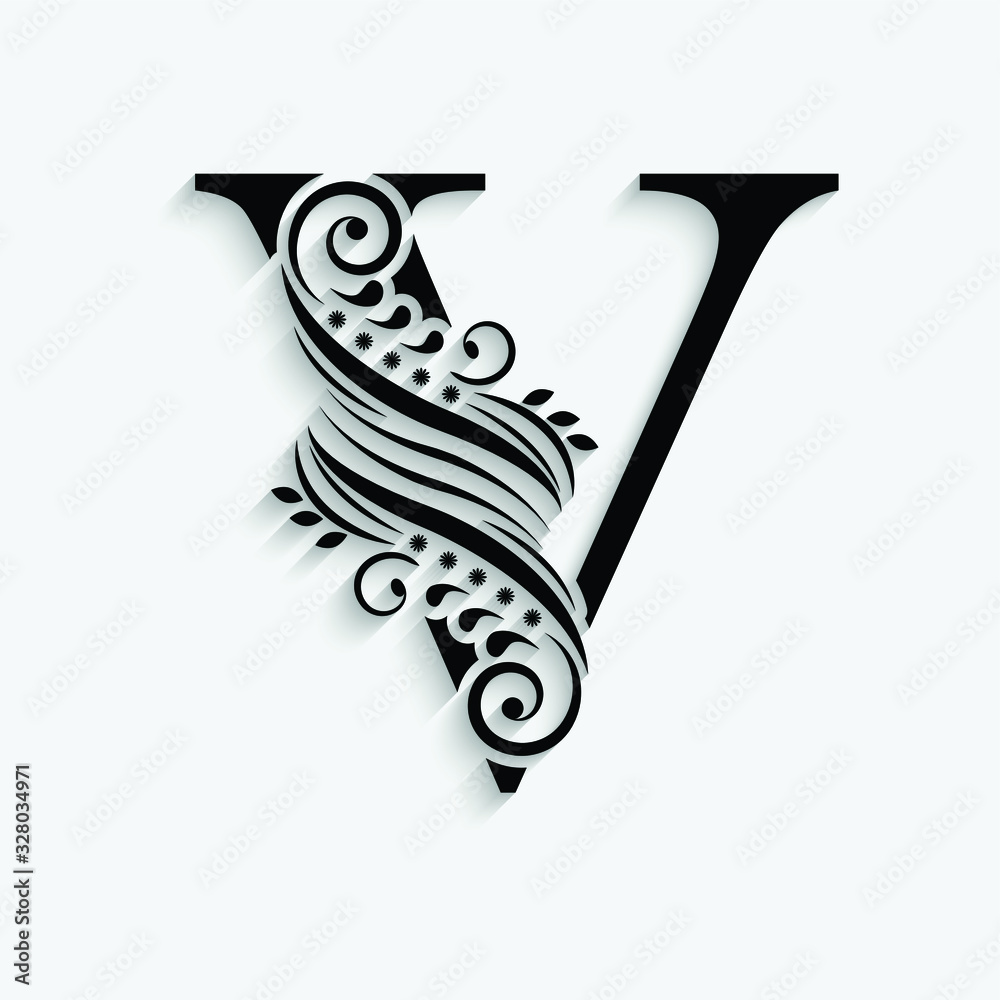 letter V. Black flower alphabet. Beautiful capital letter with shadow letter V. Black flower alphabet. Beautiful capital letter with shadow