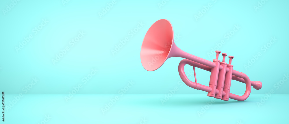 pink trumpet on blue background - obrazy, fototapety, plakaty 