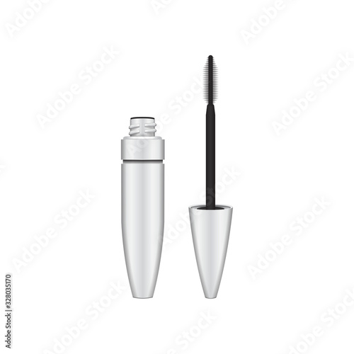 Mascara brush. 3d blank, white mascara open tube with brush. Vector illustration of cosmetic product container