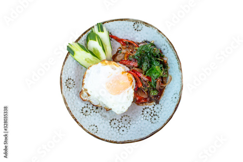 Rice topped with stir-fried Salmon and basil On a white background