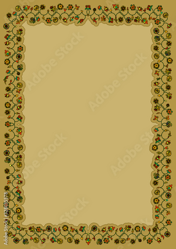 Certificate, invitation template with floral ornament frame based on St Basil's Cathedral murals in Moscow, Russia, size A4