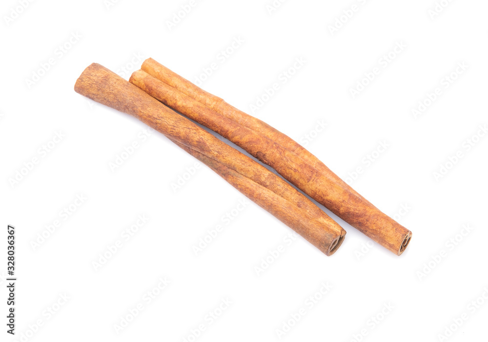 cinnamon sticks isolated on white background, a pair of natural herb with dark brown colour