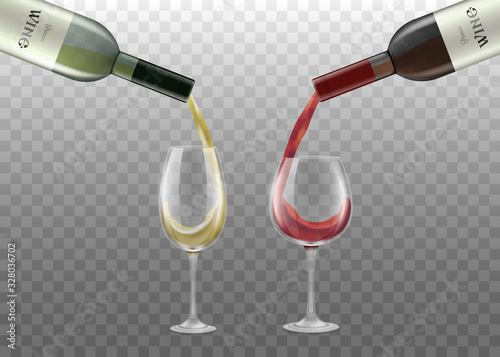 White and red wine pouring from bottles realistic vector illustration isolated.