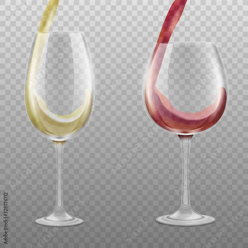 Set of glasses filling with red and white wine, realistic vector illustration isolated.