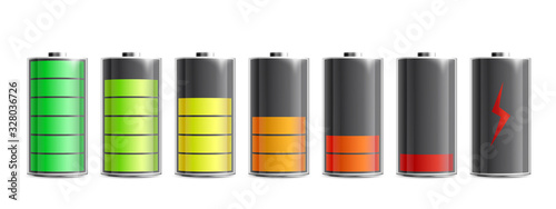 Various level energy batteries set, realistic vector illustration isolated.