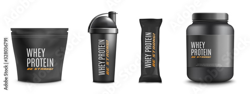 Mockup set of sport nutrition containers, realistic vector illustration isolated.