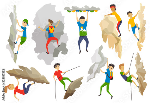Boys and girl with bag climbing on a rock mountain with equipment. Extreme outdoor sports. Climbing the mountains. Vector illustration