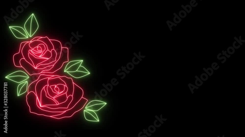 Glowing neon animation of roses on dark background. Spring greeting card to march 8 with rose flowers. Happy woman's day. Glowing laser roses appearing on black background